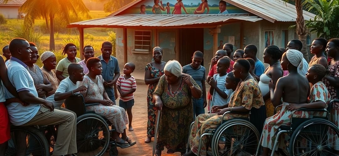 a group of people in wheelchairs and wheelchairs in front of a small building