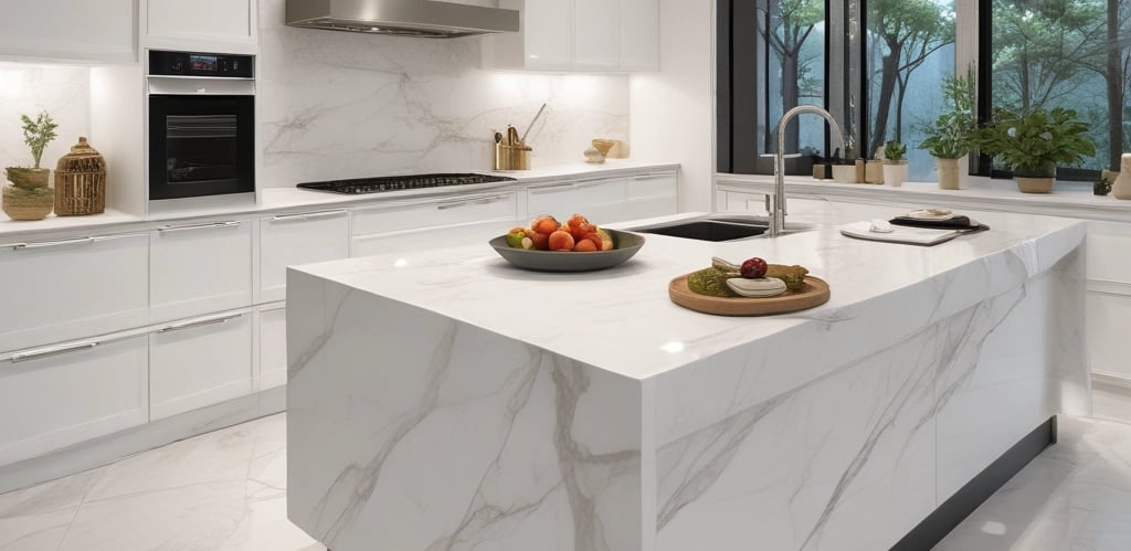 A modern kitchen countertop featuring a cream-colored stand mixer with a stainless steel bowl. The marble backsplash adds elegance to the setting. Above, three sleek pots with lush green basil plants are mounted on the wall. Nearby, there are clear glass jars with wooden lids, a roll of paper towels, and an electrical outlet.