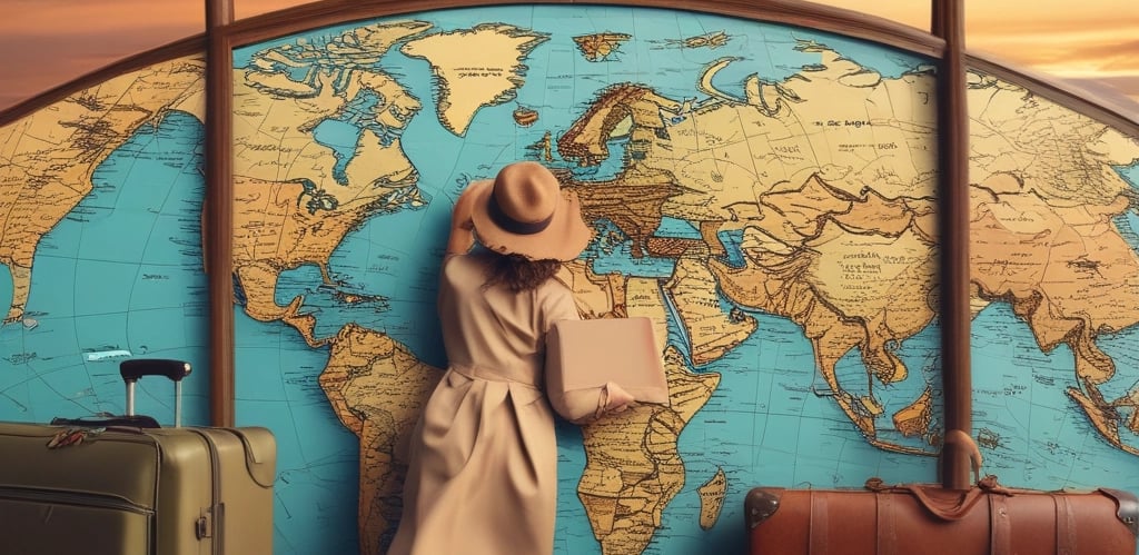 A plaid suitcase is topped with a detailed city map, a magnifying glass for close inspection, a pair of sunglasses, and a passport.