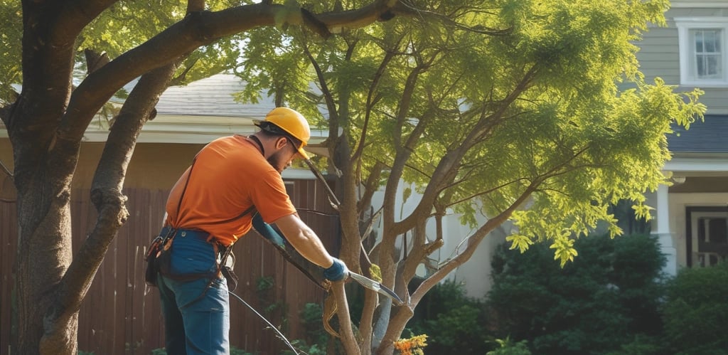 A professional landscaper trimming a tree in a residential garden.