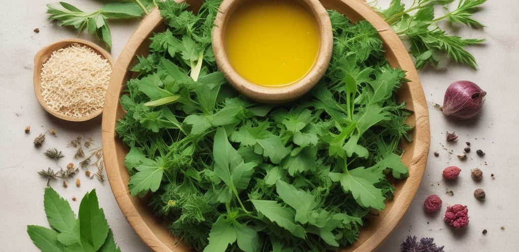 A package of a dietary supplement is prominently positioned on the forest floor, surrounded by dry leaves and blurred natural elements in the background. Partial views of a person appear in the foreground, suggesting outdoor activity.