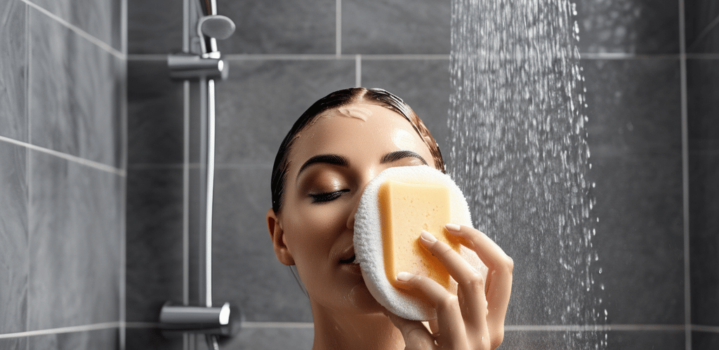 a woman in a shower with a sponge pad on her face