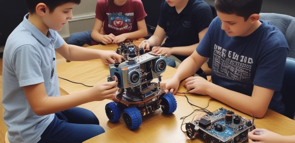 A vibrant classroom filled with kids learning robotics.