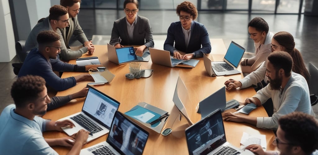 A team of IT professionals collaborating around a conference table with laptops and digital devices.