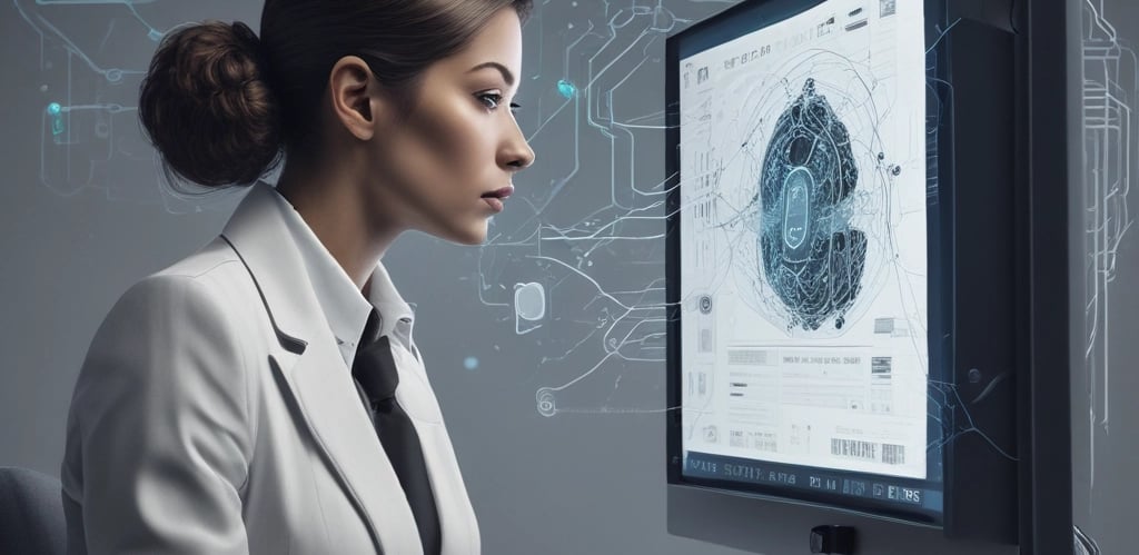 Large blue letters 'AI' stand prominently on a surface covered with a pattern of hexagonal shapes. Dark swirling lines intersect around the letters, creating a sense of motion and complexity. The background has a metallic sheen with a futuristic, digital style.