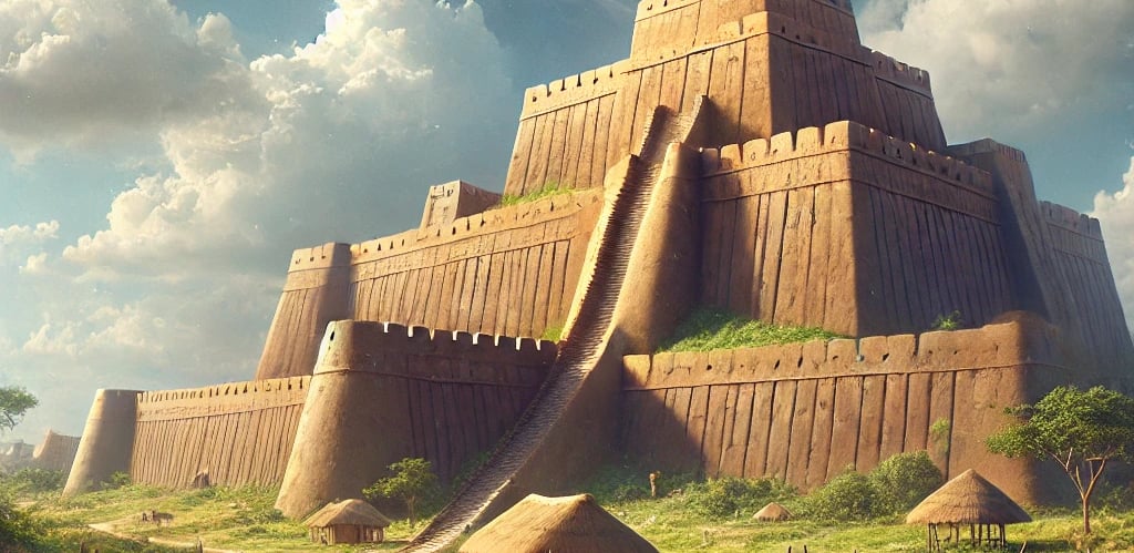 image of a great wall with steps coming down steeply, a depiction of the Great Wall of Benin.