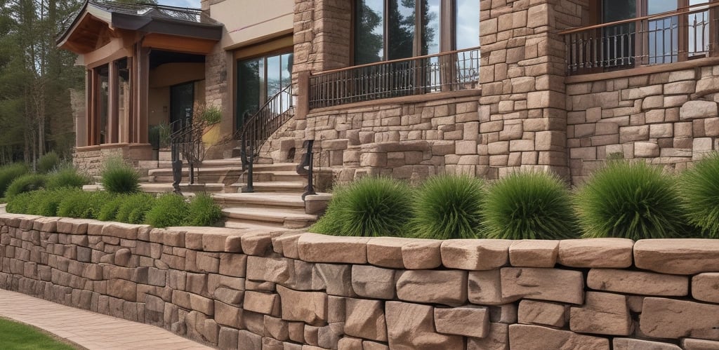 A skilled crew finishing a concrete retaining wall with pine trees and a blue sky in the background, showcasing outdoor work typical for Flagstaff, AZ.