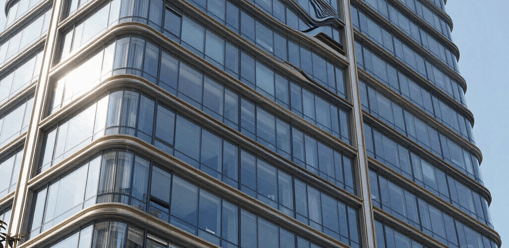 Modern glass and aluminum facade reflecting sunlight in a Riyadh urban setting
