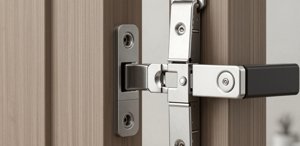 A smiling technician installing an automatic door opener in a bright residential entryway.