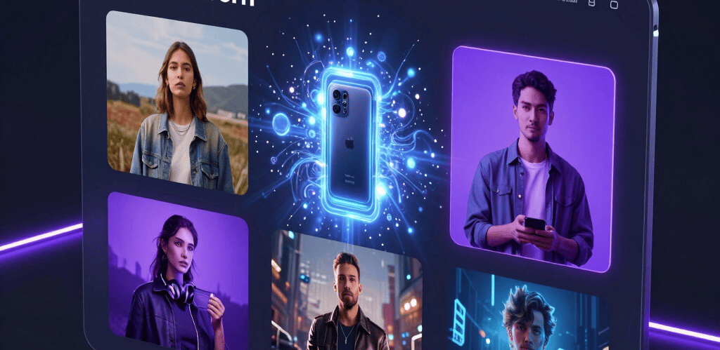 A sleek digital interface showing AI-generated images evolving from simple text prompts against a dark tech background.