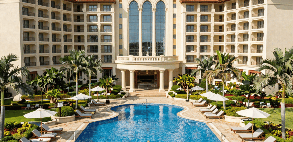 A serene beachfront resort at sunset, with golden light reflecting on calm waves and palm trees swaying gently.