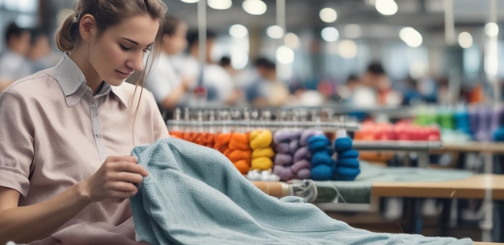 A bright, modern textile factory floor with skilled workers handling colorful knitwear fabrics.