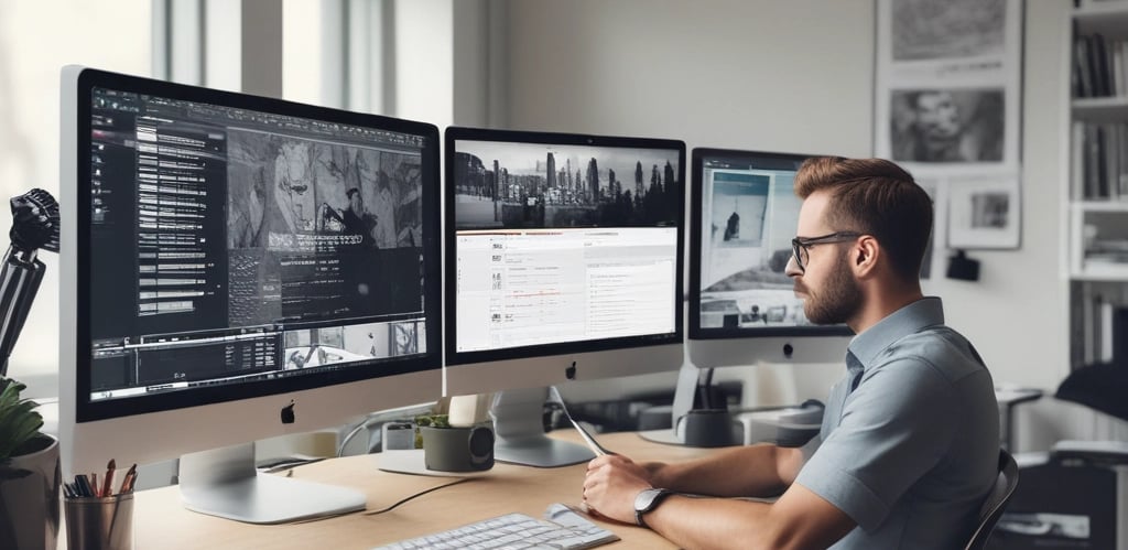 A friendly web designer discussing a website layout with a client over a laptop in a cozy office.