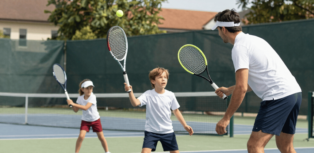 A young athlete confidently facing an opponent on a sunlit tennis court, embodying determination and focus.