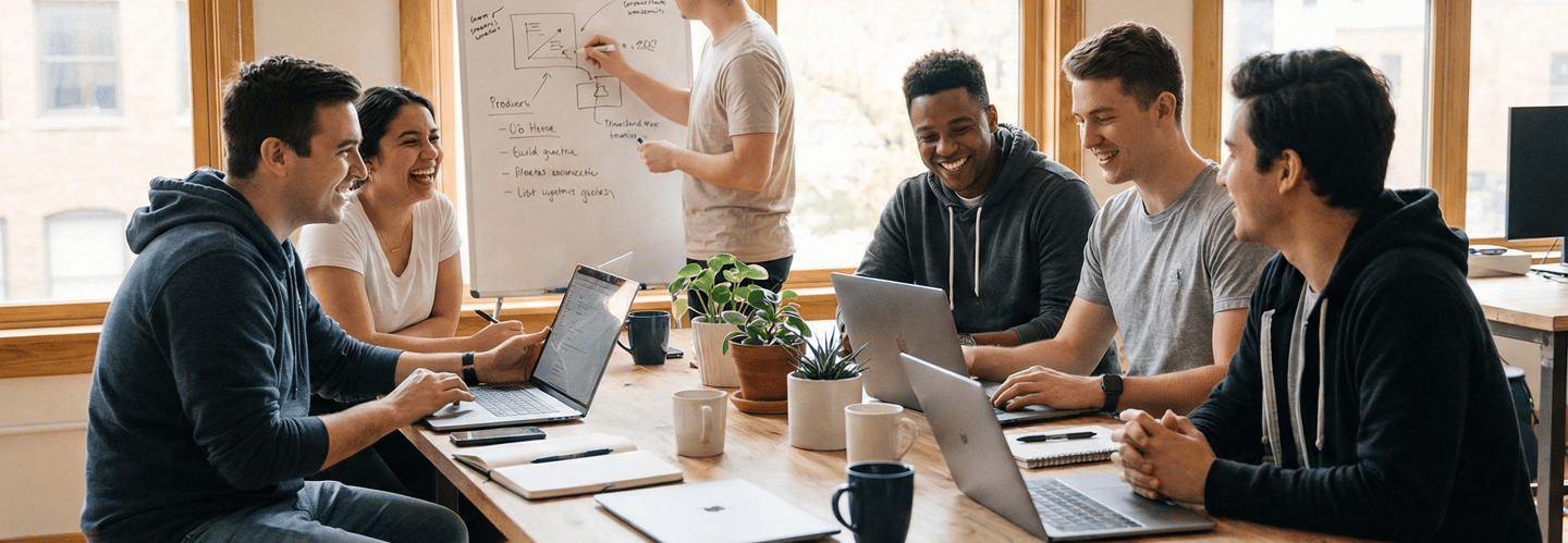 Diverse creative team collaborating on laptops in a bright office during a startup whiteboard presentation.