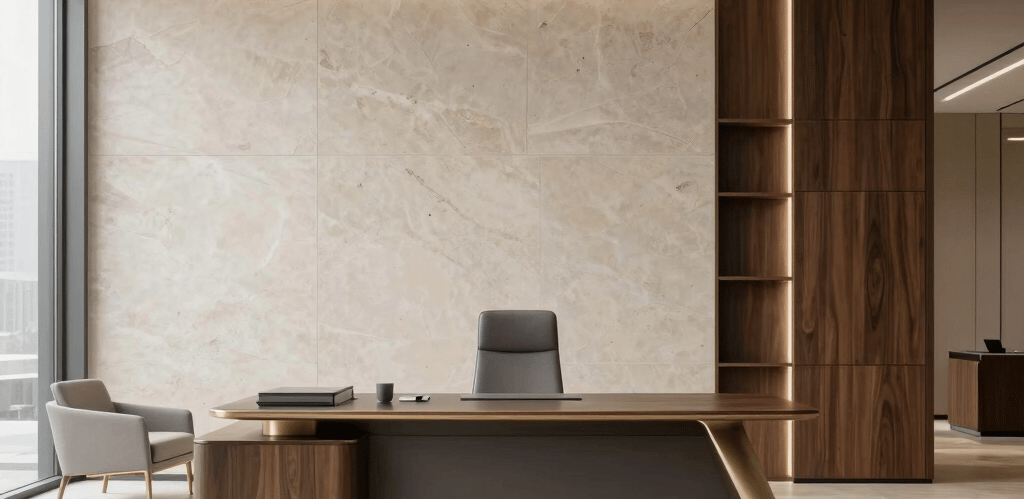 Elegant office space with minimalist design and subtle lighting reflecting professionalism.