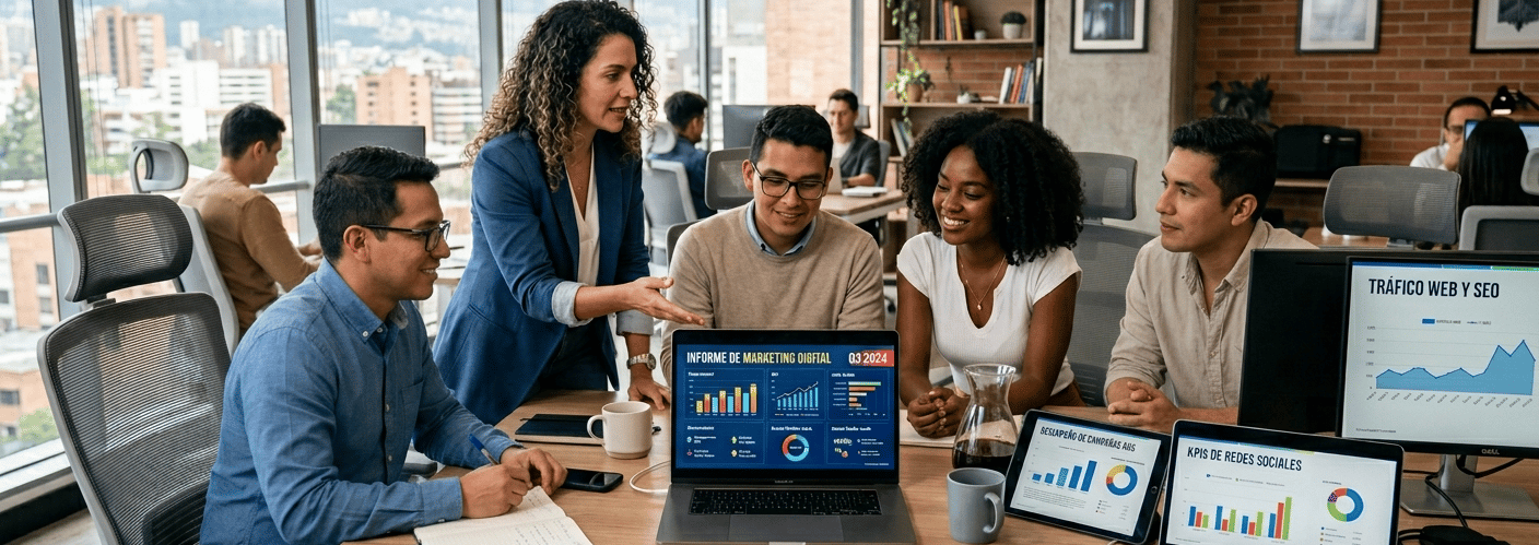 Un equipo de profesionales colaboranbdo en una oficina moderna, las pantallas tienen gráficas