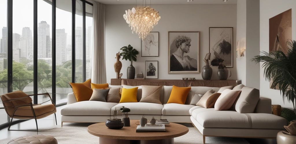 Elegant showroom with curated Brazilian high-end furniture and decor pieces, bathed in natural light.