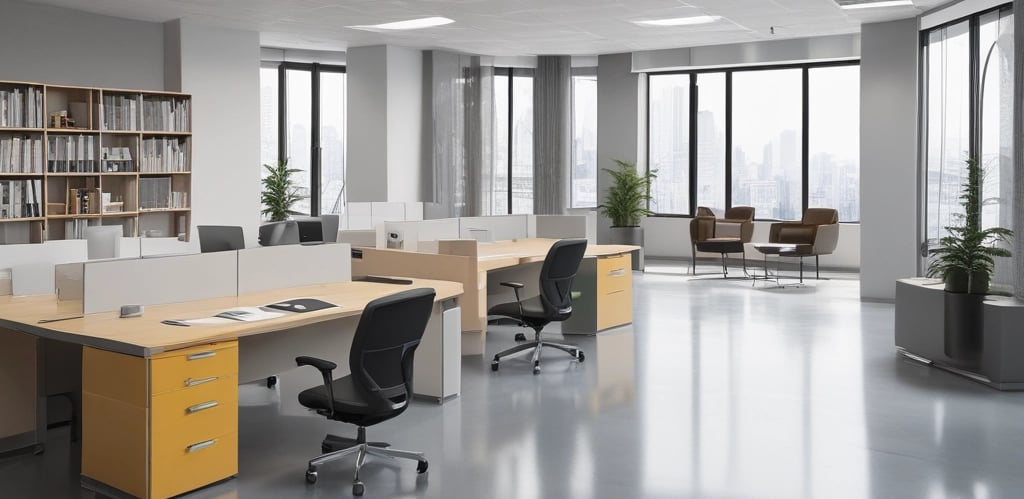 A professional cleaner carefully wiping a modern office desk with natural light streaming through the window.