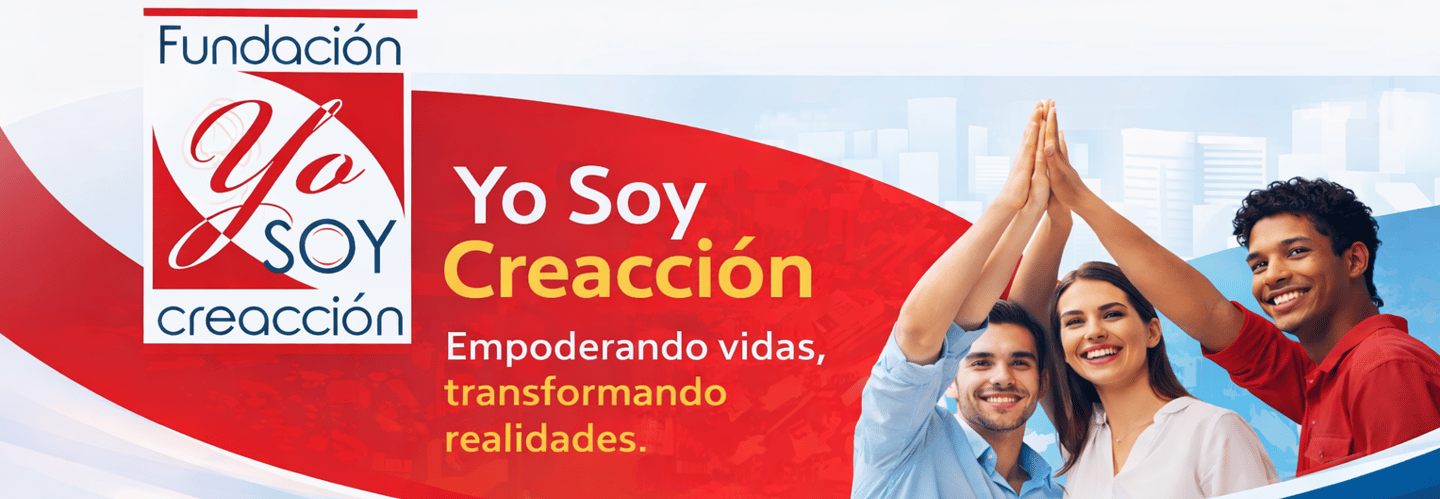 Foundation Yo Soy Creacción banner featuring diverse people high-fiving over a city skyline background.