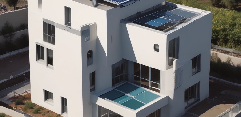 Modern sustainable building with solar panels and green rooftop garden under clear blue sky.