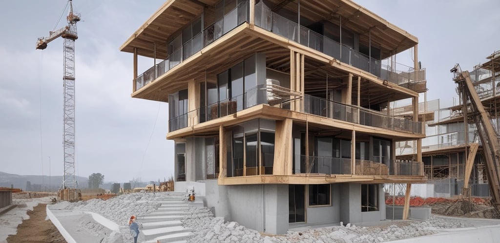 A construction team coordinating work on a building site, showcasing collaboration and precision.