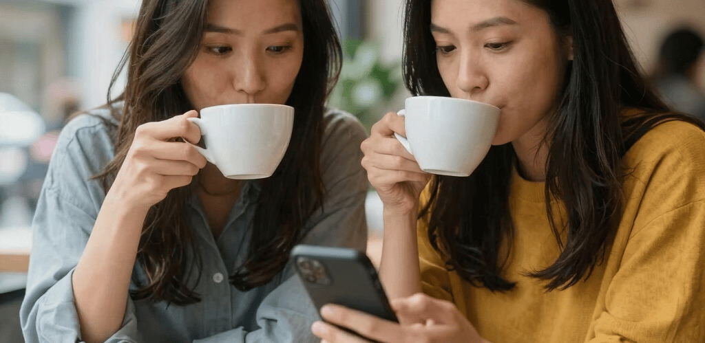 A cozy workspace with a laptop, a cup of tea, and a notebook filled with product ideas and lifestyle notes.