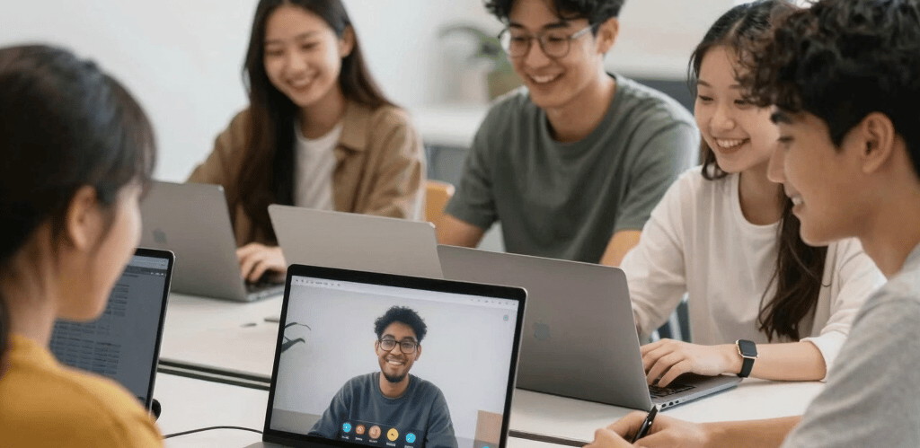 A diverse group of students engaged in an interactive online class, smiling and collaborating through their devices.