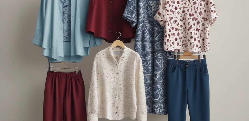 A display of clothing featuring aquamarine, dark blue, and maroon designs.