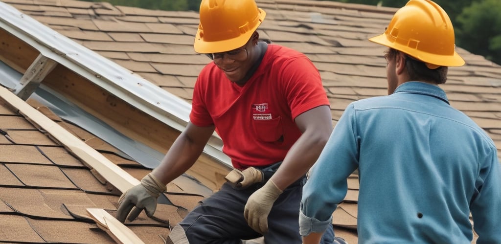 A smiling family-owned roofing team working on a residential roof under a bright blue sky.