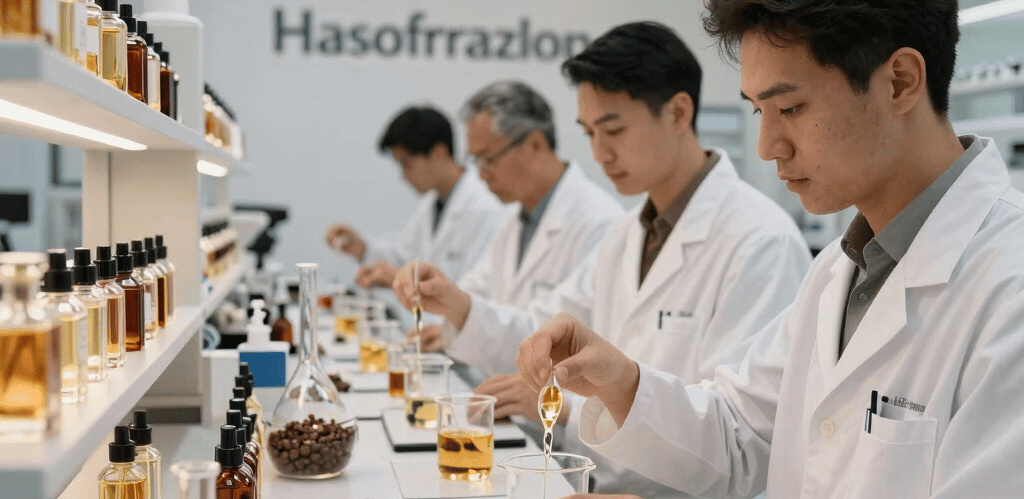 A sleek 3D floating perfume bottle with golden amber highlights against a dark, elegant background.