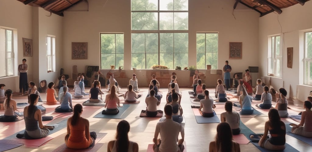 A serene outdoor yoga session led by Partheeban Kasinatahan amidst Tiruvannamalai's natural landscape.