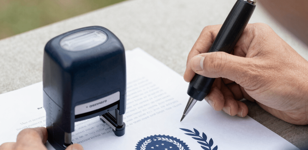 A professional mobile notary stamping a document outdoors with a navy blue laurel wreath seal visible.