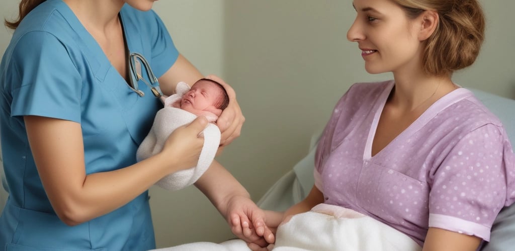 A compassionate nurse assisting a patient with a warm smile in a bright hospital room.