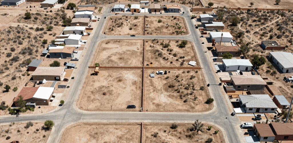 Minimalist black and white luxury real estate interior with red accent lighting highlighting architectural details.