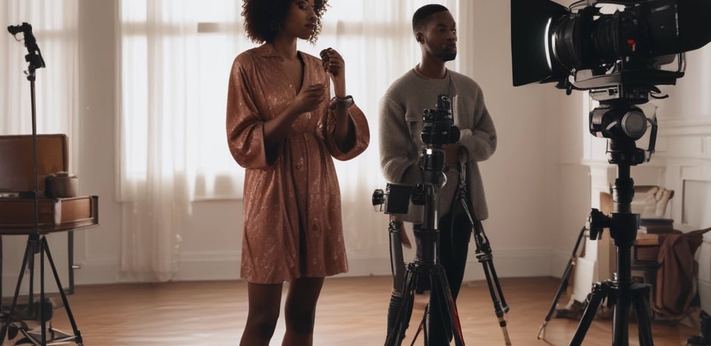 A filmmaker capturing a stunning luxury property with cinematic lighting and a professional camera setup.