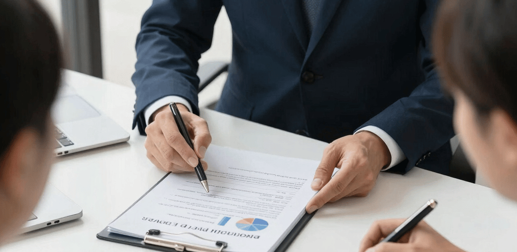A confident financial advisor discussing plans with a smiling client in a modern office setting.
