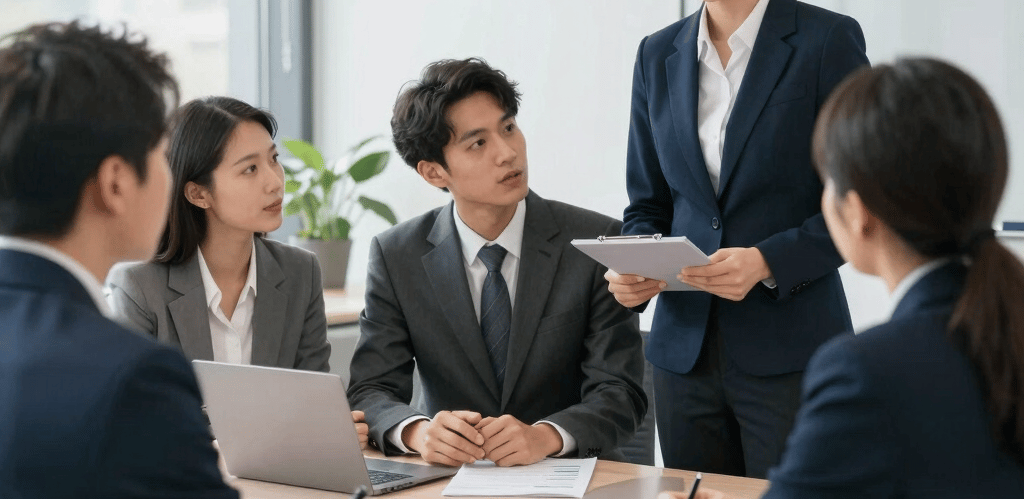 A confident insurance advisor discussing career opportunities with a motivated candidate in a bright office.