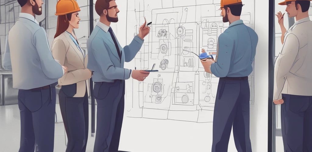 A team collaborating around a digital interface displaying AI-driven manufacturing and coaching analytics.