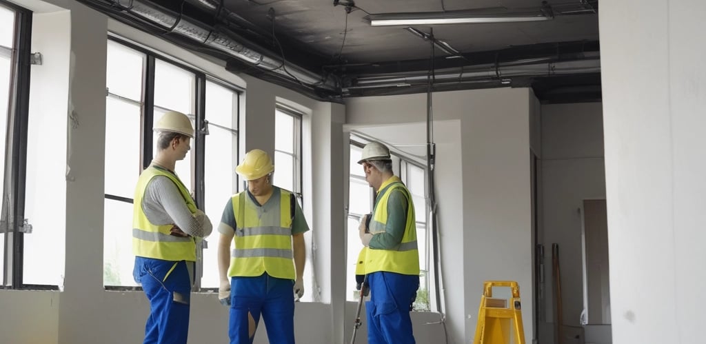 A skilled technician repairing a commercial building facade on a sunny day.