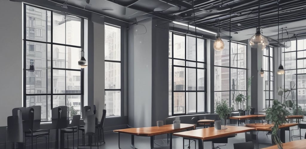 Modern office workspace with professionals collaborating on digital projects.