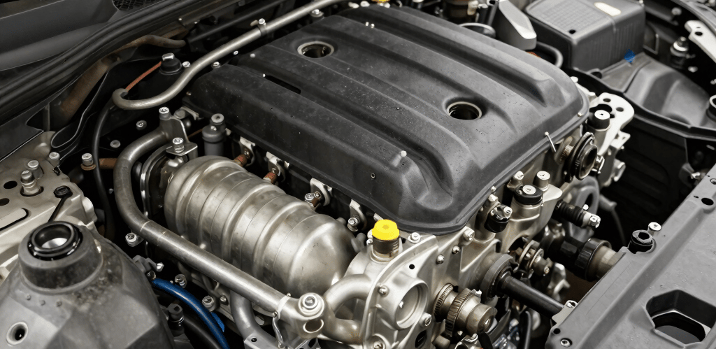 A skilled mechanic carefully inspecting a car engine inside a modern automotive workshop.