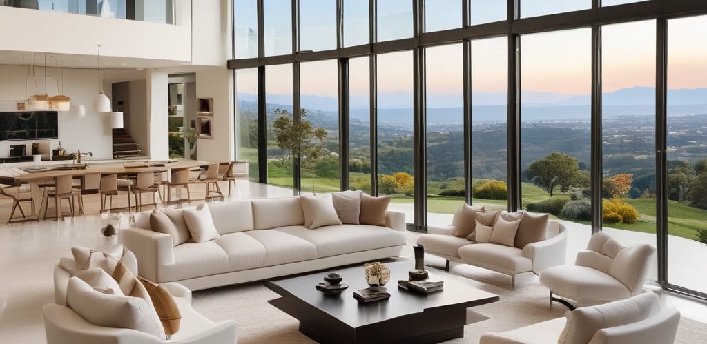 A cozy, stylish living room digitally designed with warm lighting and elegant furniture.