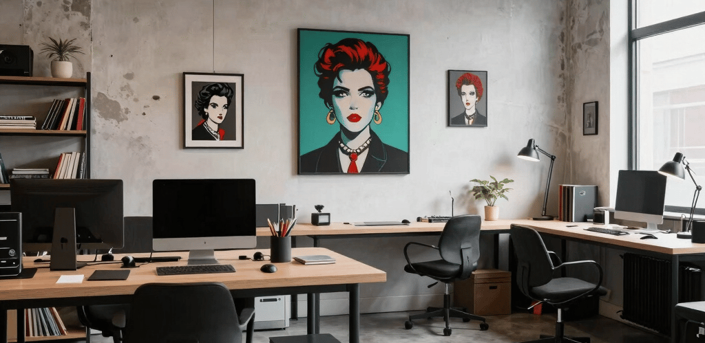 A creative workspace with designers collaborating on eLearning content and branding ideas.