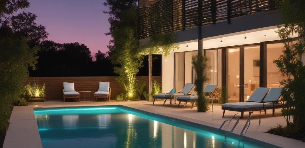 A sparkling renovated pool with underwater LED lights glowing softly at dusk.