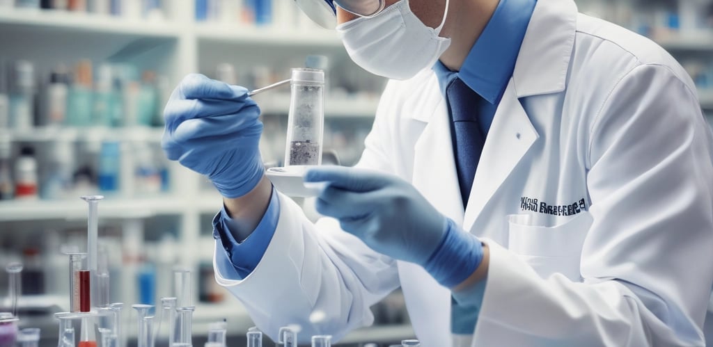 Modern pharmaceutical lab with scientists analyzing compounds under bright clinical lighting