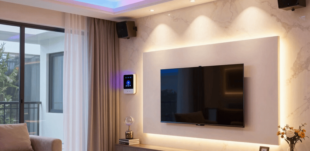 A professional electrician carefully installing smart home wiring in a modern living room.