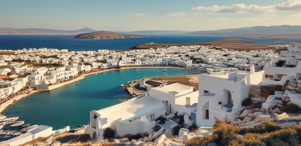 A serene swimming pool on Paros island with crystal-clear water reflecting the bright blue sky and surrounding whitewashed buildings.