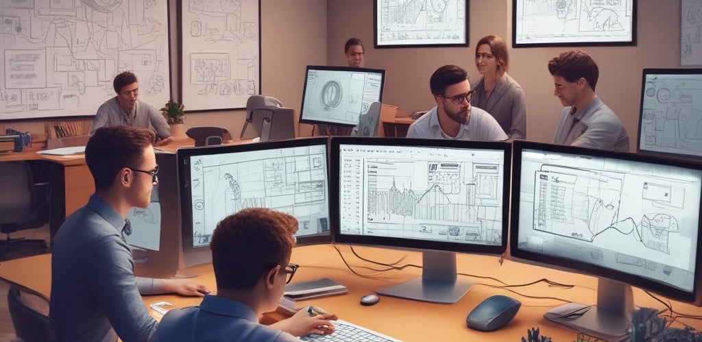 Futuristic office space with blue and violet lighting, showcasing a team collaborating on digital marketing and AI projects.