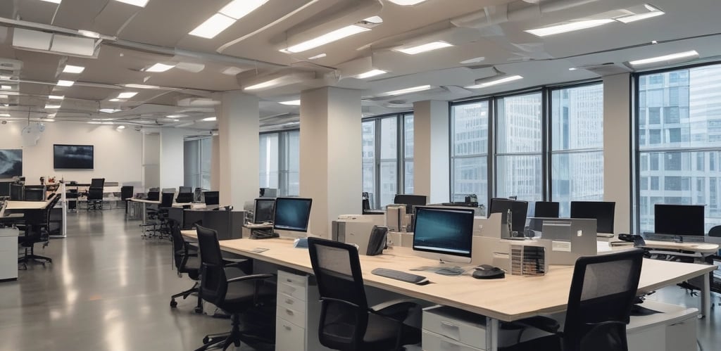 A cozy residential building with a commercial space on the ground floor, surrounded by green trees under a clear sky.
